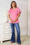 Double Take Pom-Pom Trim Flutter Sleeve Round Neck T-Shirt