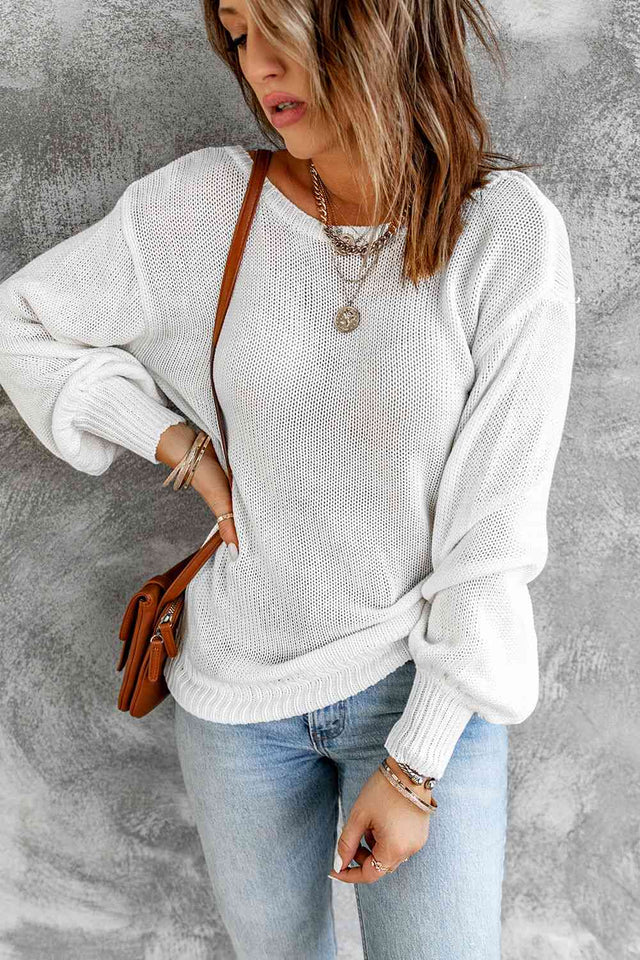 Double Take Tied Balloon Sleeve Round Neck Sweater