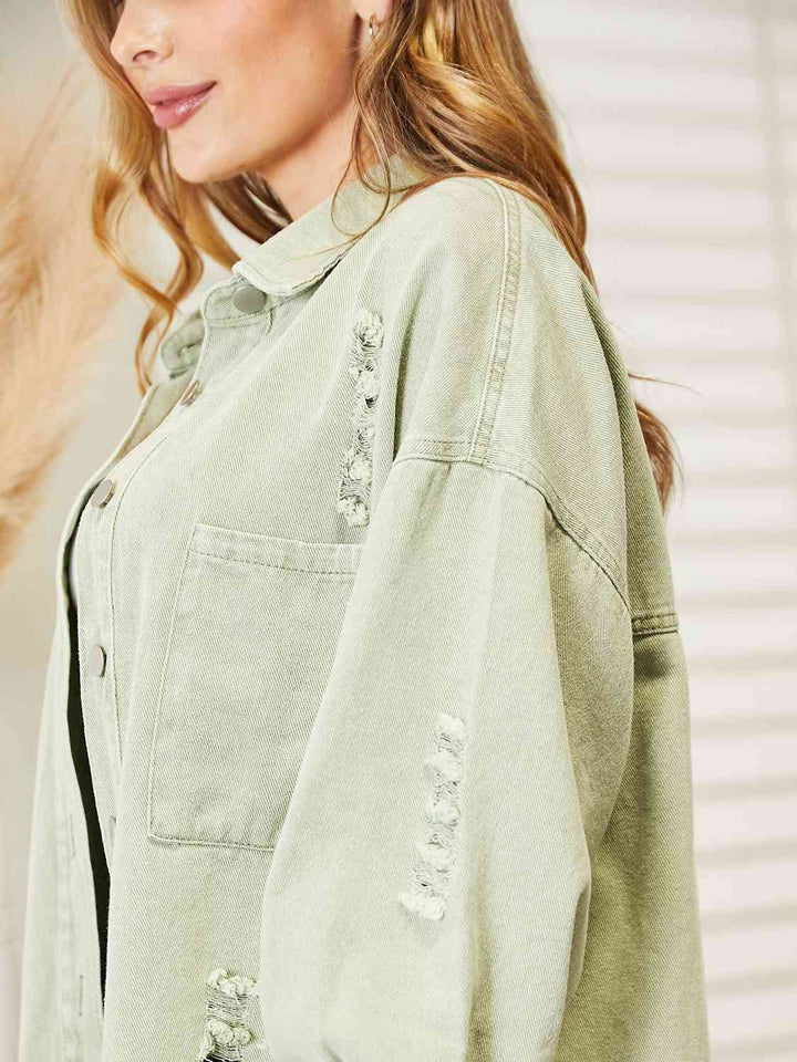 Distressed Raw Hem Denim Jacket