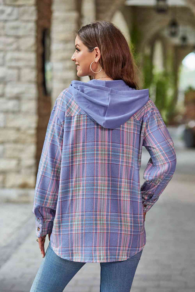 Plaid Long Sleeve Hooded Jacket