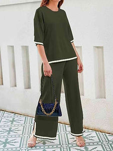 Contrast High-Low Sweater and Knit Pants Set