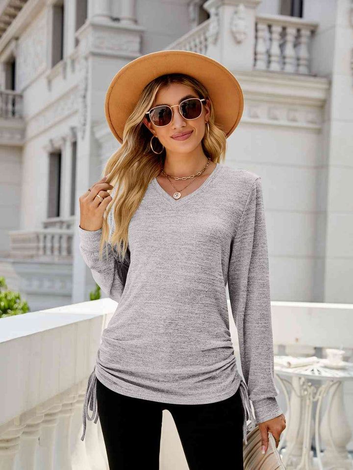 Drawstring V-Neck Long Sleeve T-Shirt - Rags 2 Riches Shop