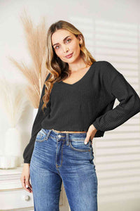 Full Size Waffle-Knit V-Neck Blouse