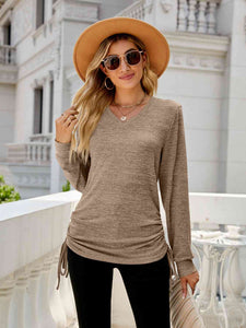 Drawstring V-Neck Long Sleeve T-Shirt - Rags 2 Riches Shop