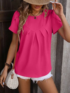 Ruched Round Neck Petal Sleeve Blouse