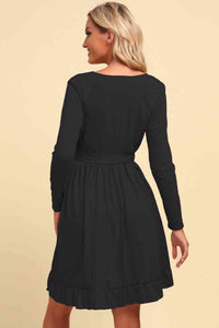 Long Sleeve Tie Waist Ruffle Hem Dress