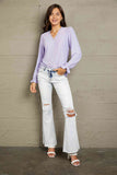 Double Take Eyelet V-Neck Flounce Sleeve Blouse