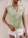 Floral Contrast Ribbed Trim Sweater Vest