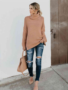 Turtleneck Dropped Shoulder Slit Sweater - Rags 2 Riches Shop