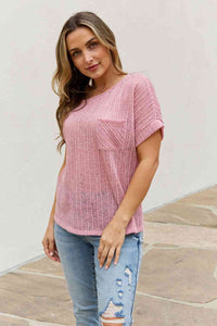 e.Luna Full Size Chunky Knit Short Sleeve Top in Mauve