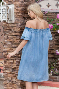 Off-Shoulder Knee-Length Denim Dress