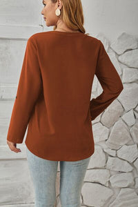 Decorative Button Notched Long Sleeve Blouse