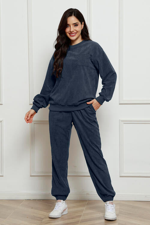 Corduroy Round Neck Sweatshirt and Sweatpants Set