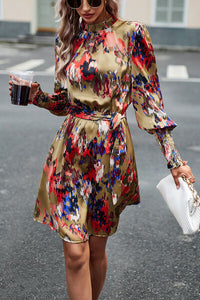 Printed Tie Waist Mock Neck Lantern Sleeve Dress