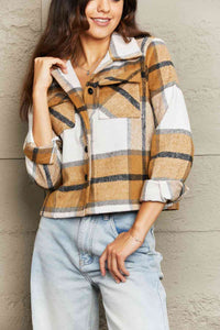 Double Take Plaid Collared Neck Jacket with Breast Pockets