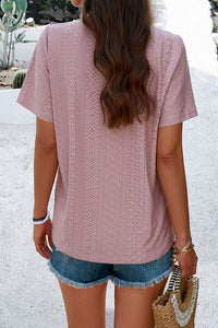 Eyelet Decorative Button V-Neck T-Shirt