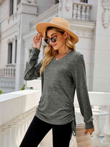 Drawstring V-Neck Long Sleeve T-Shirt - Rags 2 Riches Shop