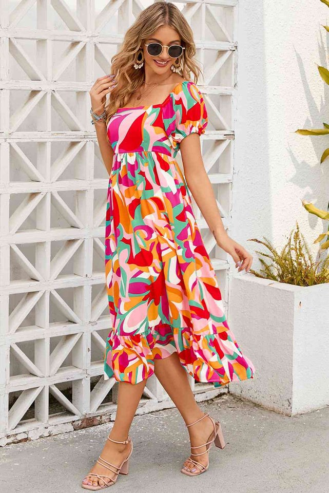 Printed Square Neck Short Sleeve Dress - Rags 2 Riches Shop