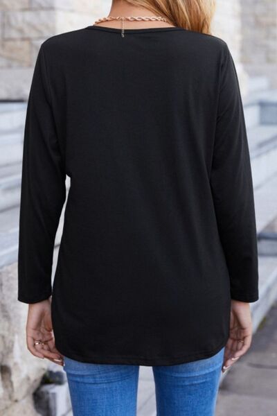 Decorative Button Round Neck Long Sleeve T-Shirt