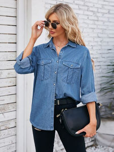 Button Up Collared Neck Denim Jacket