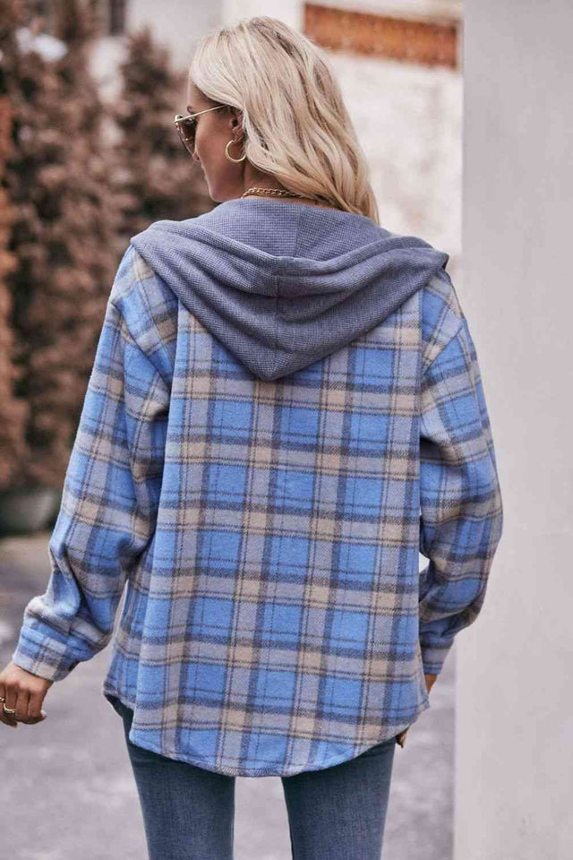 Plaid Dropped Shoulder Hooded Longline Jacket