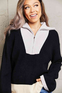 Double Take Color Block Half-Zip Dropped Shoulder Knit Pullover