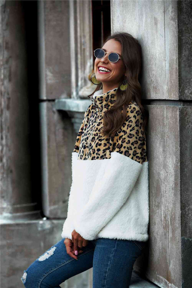 Leopard Color Block Half-Zip Collar Teddy Sweatshirt