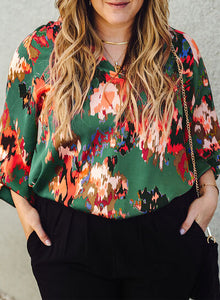 Plus Size Printed Johnny Collar Long Sleeve Blouse