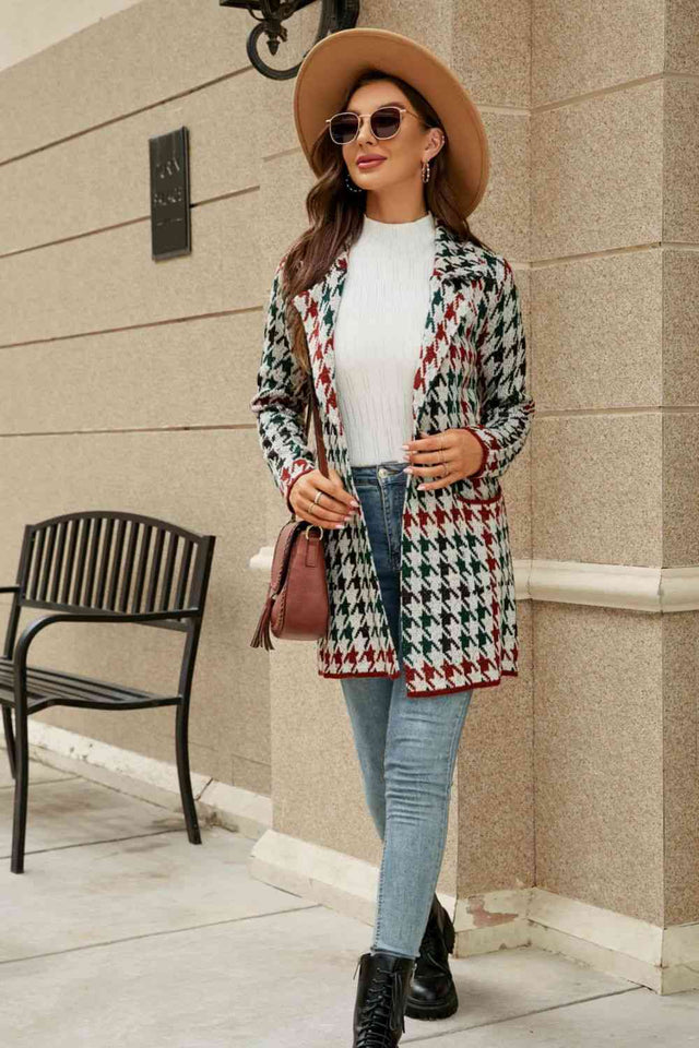 Double Take Printed Open Front Lapel Collar Cardigan with Pockets