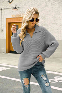 Double Take Horizontal Ribbing Johnny Collar Sweater