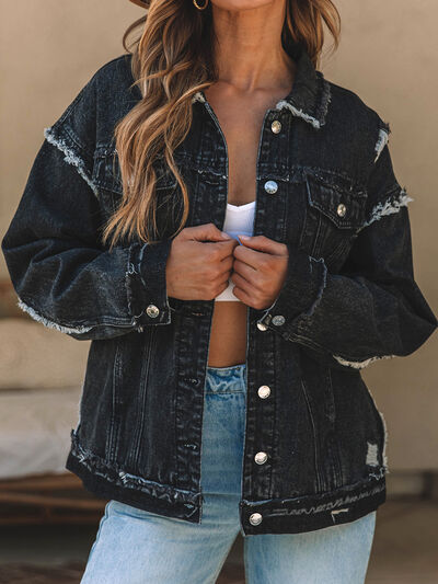 Button Up Raw Hem Distressed Denim Jacket