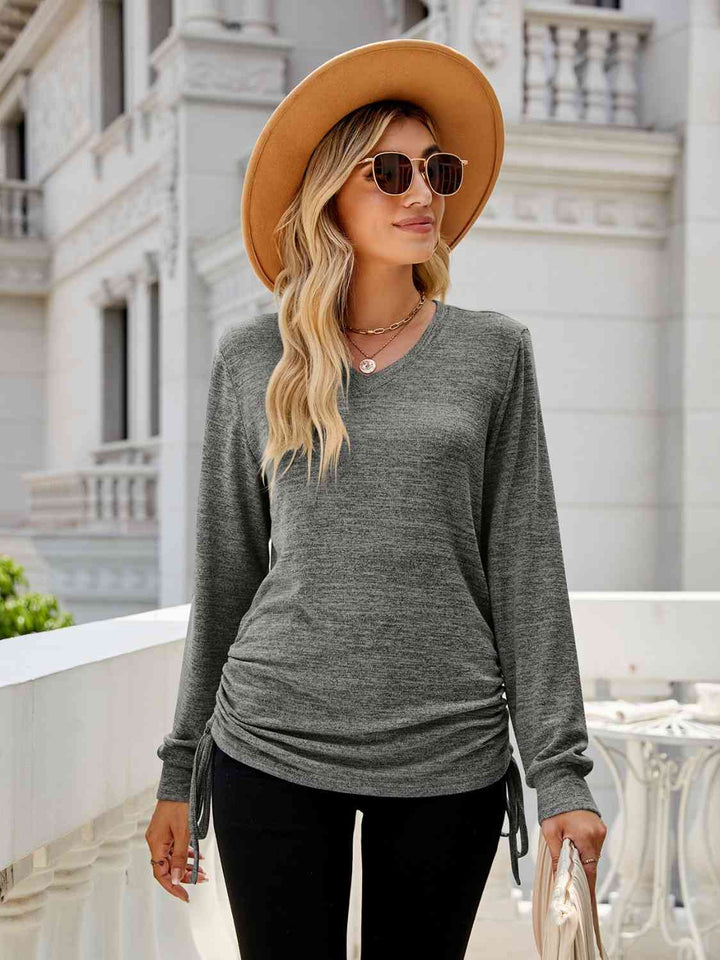 Drawstring V-Neck Long Sleeve T-Shirt - Rags 2 Riches Shop