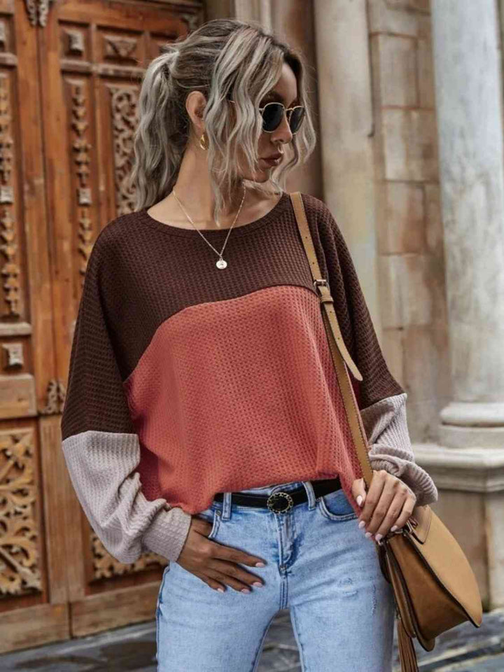 Color Block Waffle-Knit Long Sleeve Top