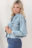 Distressed Pearl Trim Button Up Denim Jacket