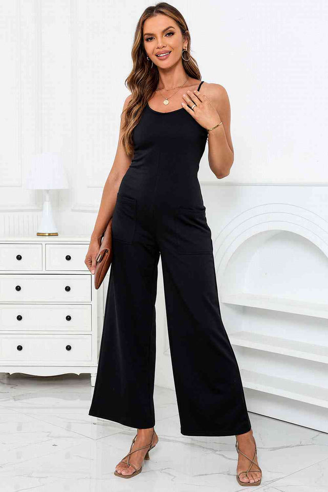 Scoop Neck Wide Leg Jumpsuit with Pockets