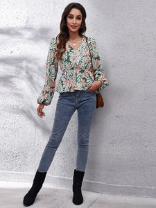 Floral V-Neck Balloon Sleeve Peplum Blouse