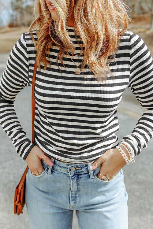 Double Take Striped Mock Neck Long Sleeve Top