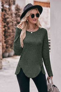 Double Take Buttoned Hem Detail Ribbed Top