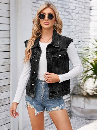 Button Up Cap Sleeve Denim Jacket