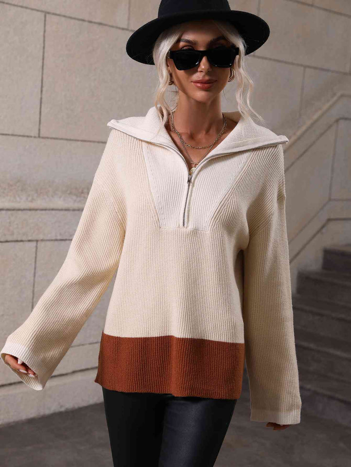 Double Take Color Block Half-Zip Dropped Shoulder Knit Pullover