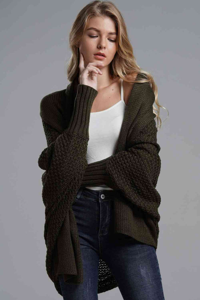 Double Take Dolman Sleeve Open Front Ribbed Trim Longline Cardigan