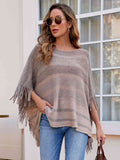 Striped Boat Neck Poncho with Fringes