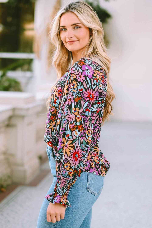 Floral Tie Neck Flounce Sleeve Blouse - Rags 2 Riches Shop