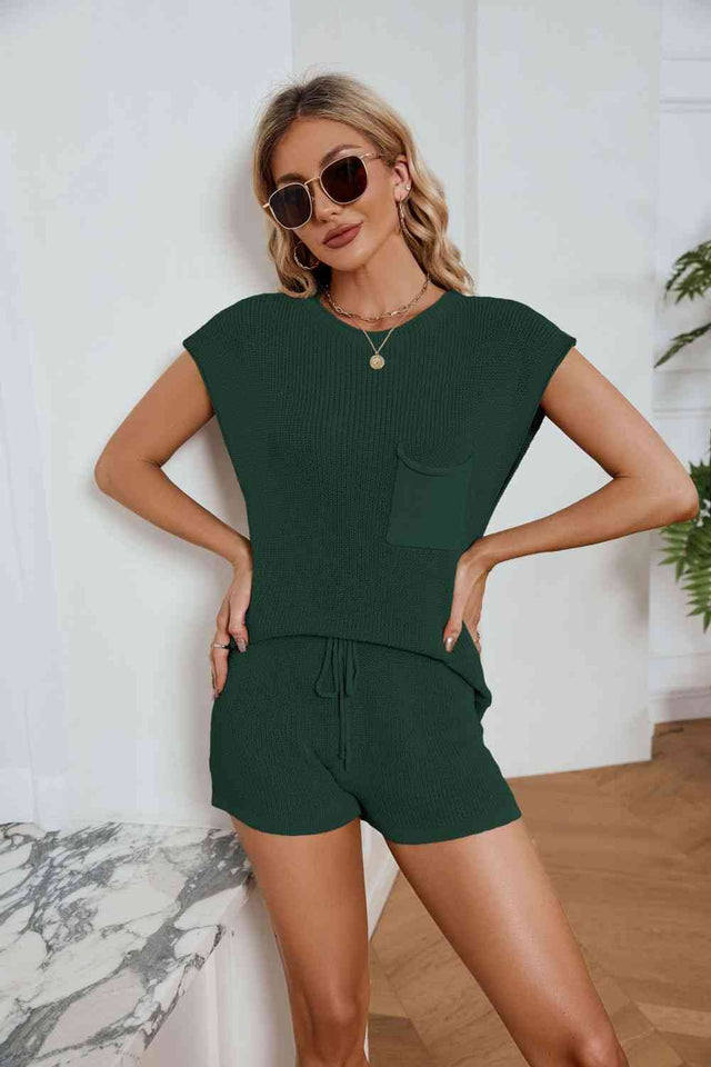 Ribbed Round Neck Pocket Knit Top and Shorts Set