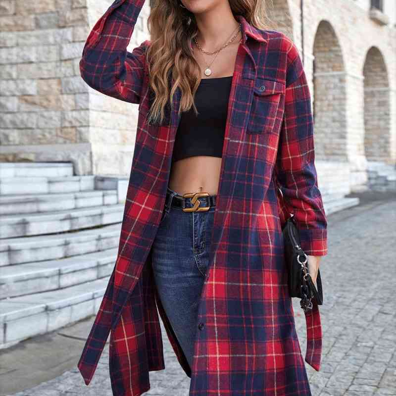 Double Take Plaid Belted Button Down Longline Shirt Jacket