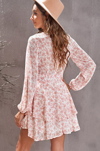 Floral Surplice Balloon Sleeve Layered Dress