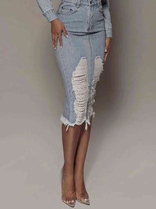 Distressed Slit Denim Skirt