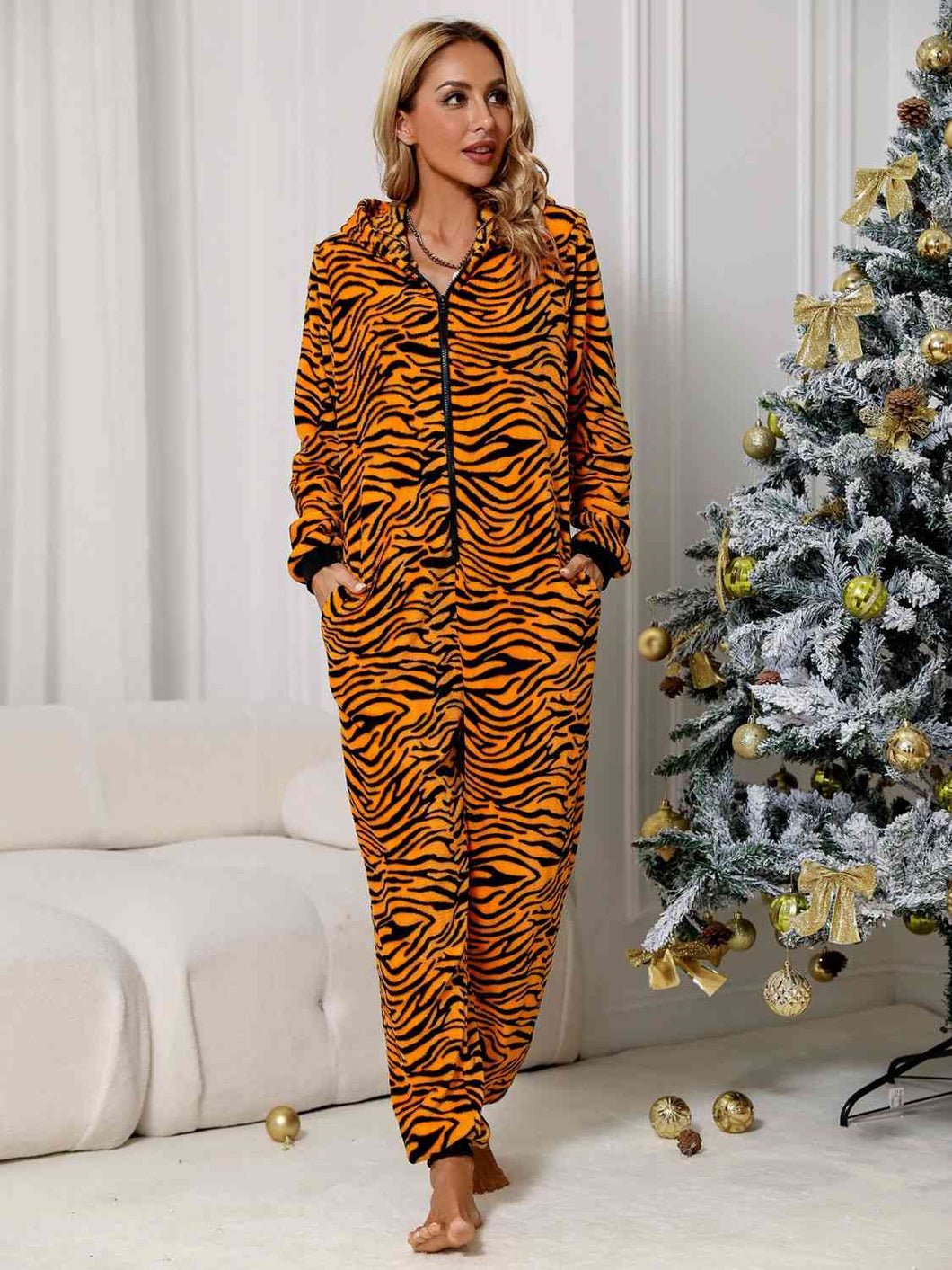 Animal Print  Zip Front Lounge Jumpsuit with Pockets - Rags 2 Riches Shop