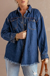 Button Up Pocketed Raw Hem Denim Jacket