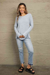 Double Take Buttoned Hem Detail Ribbed Top